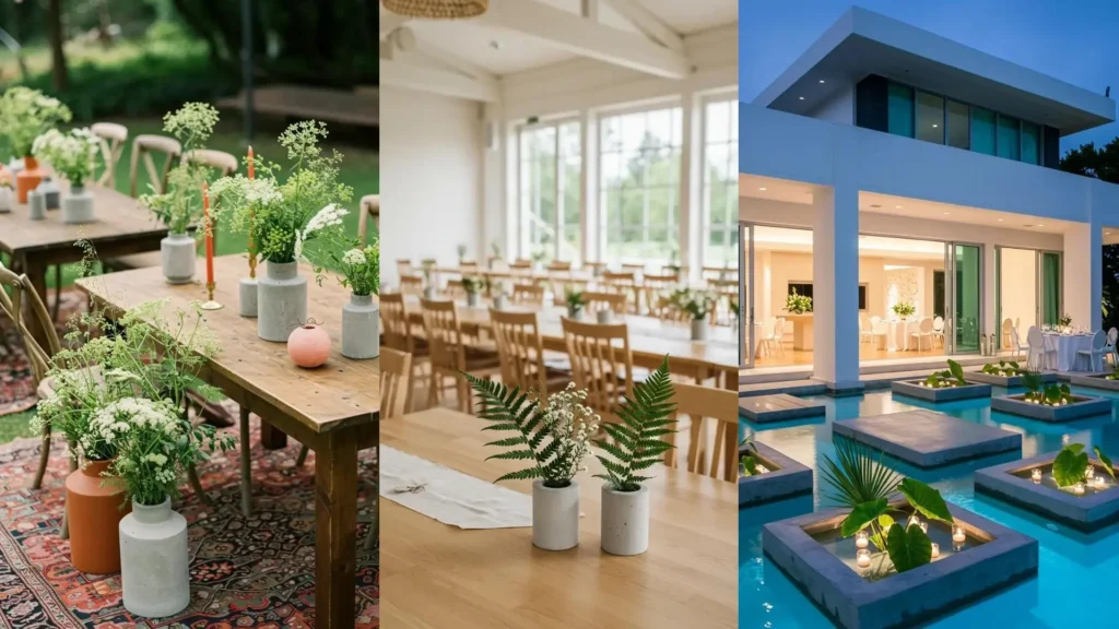 Minimalist greenery wedding centerpieces in concrete vases on rustic wooden tables.