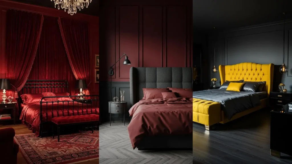 Three moody jewel-toned bedroom designs featuring luxurious satin linens and striking statement headboards.