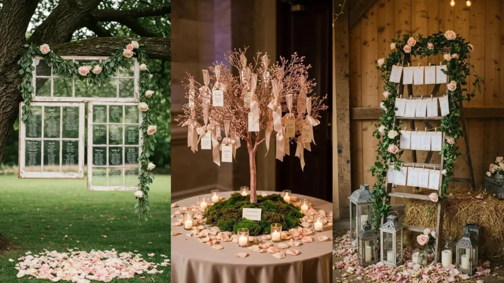Romantic blush rose wedding escort card displays featuring diverse setups and beautiful petal scatters.