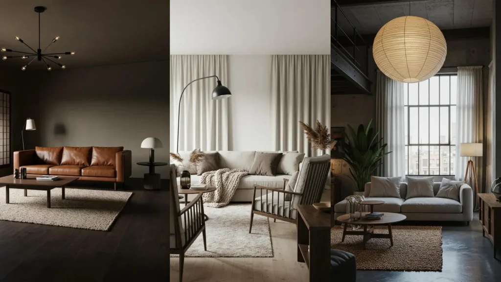 Three serene Japandi living room scenes showcasing natural textures, soft neutral layers, and minimalist design.
