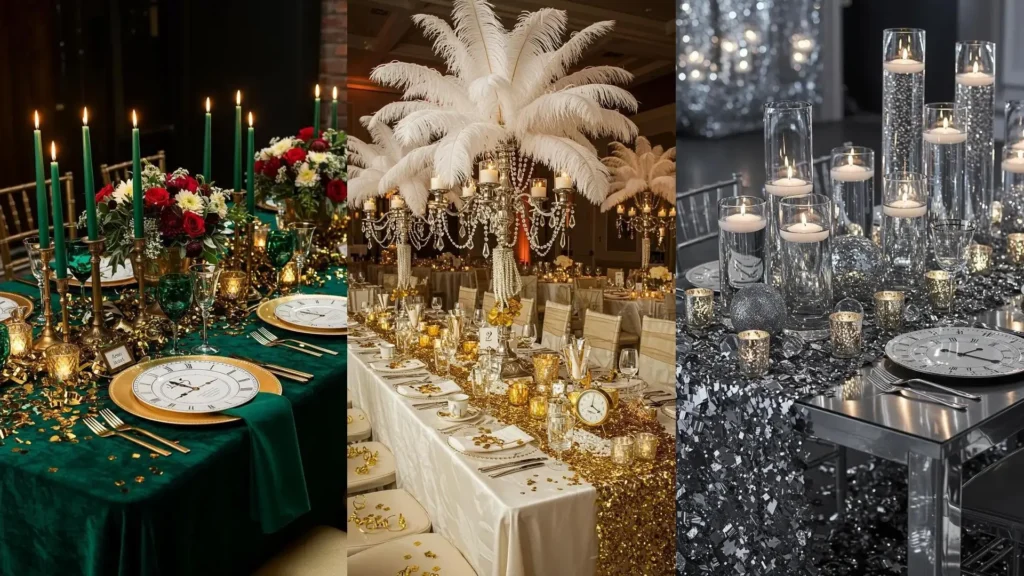 Sparkling NYE tables with glitter confetti runners, elegant clock motifs, and dazzling candle clusters.