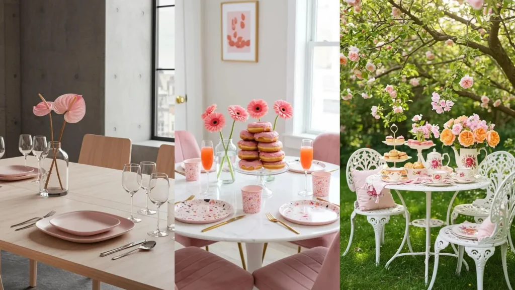 Three pink tablescape ideas: modern blush, playful fuchsia with donuts, and an elegant garden tea party with floral accents.