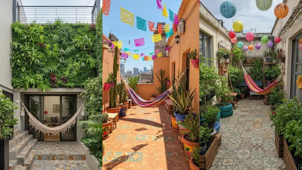Vibrant terrace gardens with lush tropical plants, colorful patterned tiles, and comfy hammocks for relaxation.