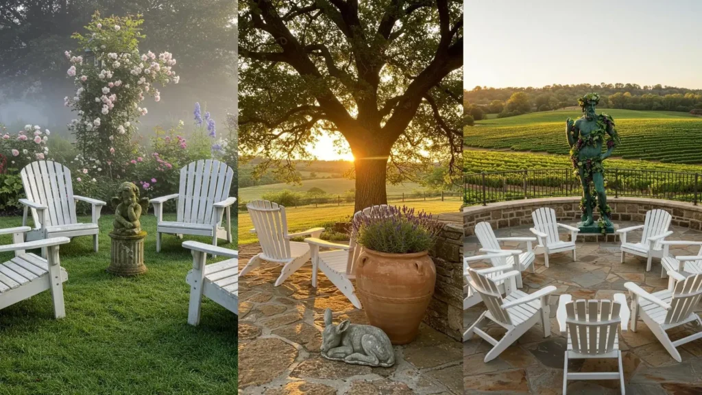 Classic whitewashed Adirondack chairs and elegant vintage garden statues like a cherub and green figure in diverse garden settings.