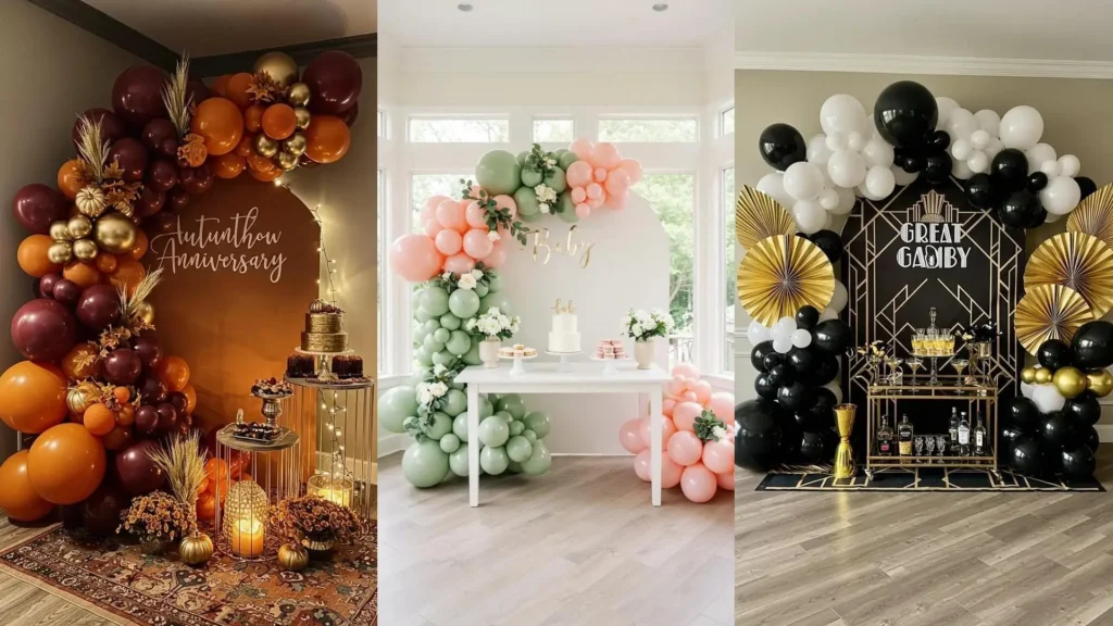 Multiple balloon arch backdrops displaying a luxurious party look, achievable with dollar store finds.