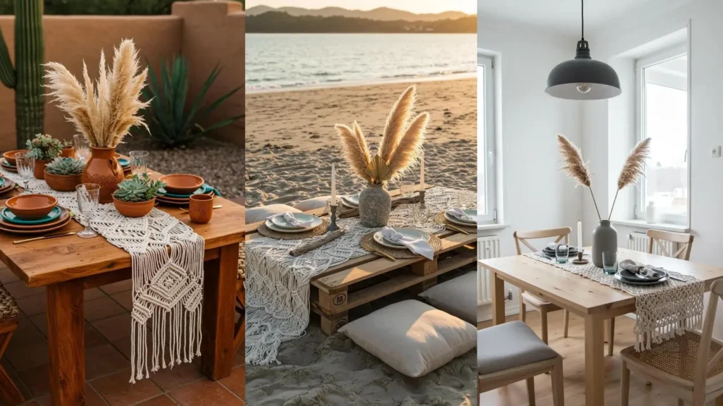 Boho tablescapes with macrame runners, pampas grass, and earthy tones across indoor and outdoor settings.