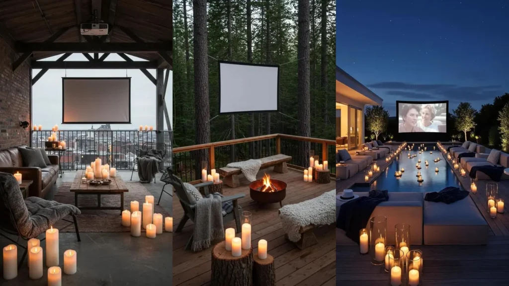 Cozy outdoor movie nights on terraces and patios, lit by candles with plush blankets for comfort.