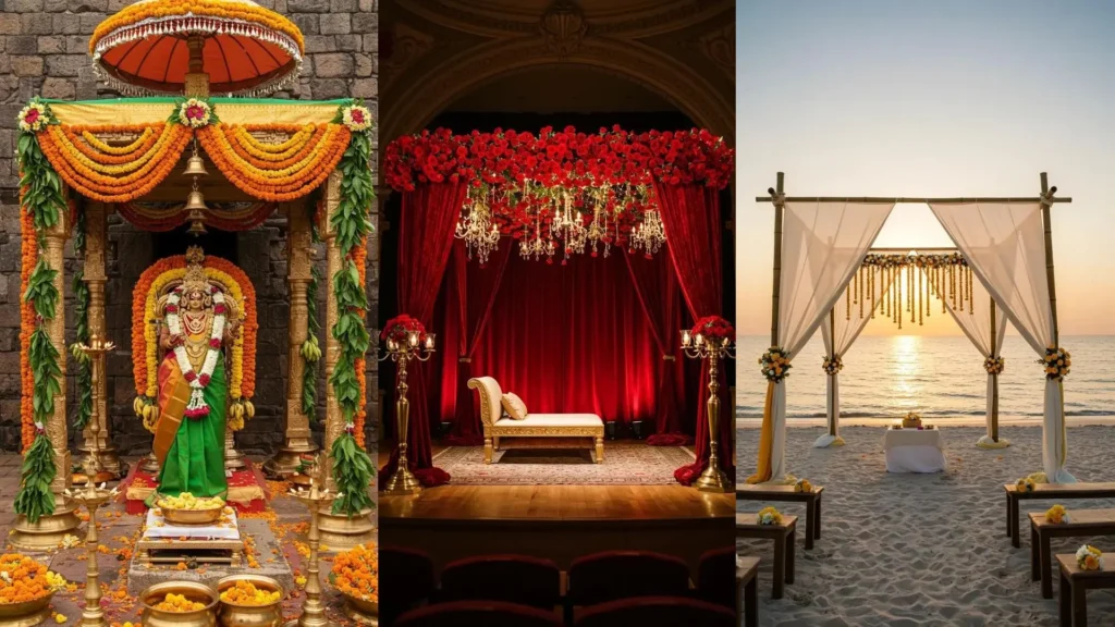 Vibrant marigold floral mandap with rich yellow and orange garlands, golden pillars, and draped green leaves for a colorful wedding.
