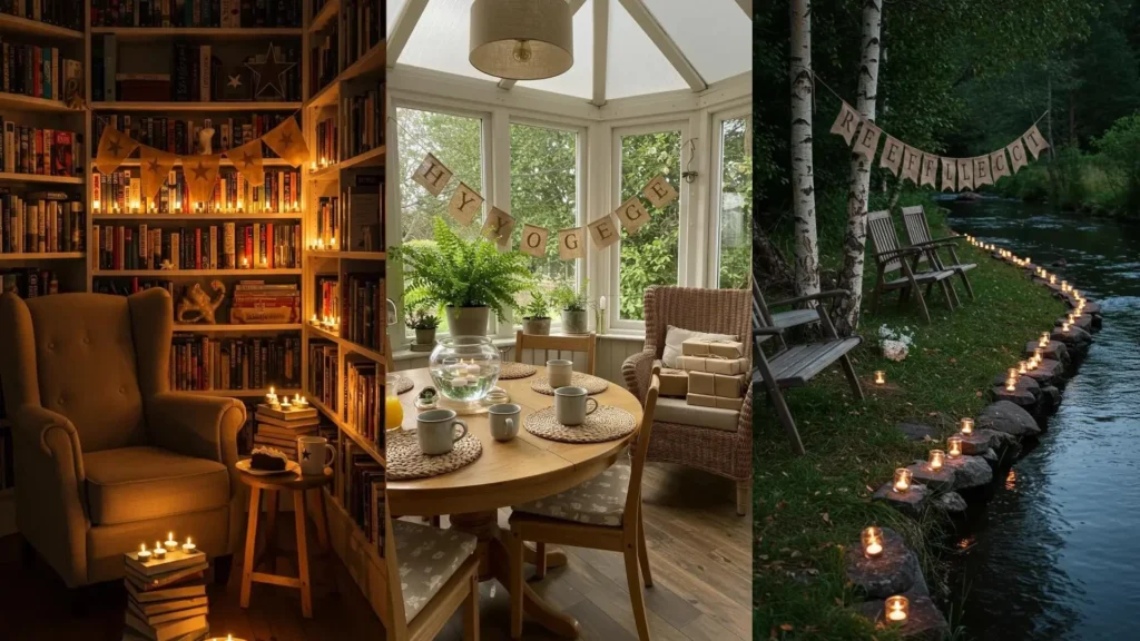 Cozy hygge birthday decor: tea lights, burlap banners in a library, sunroom & by a river.