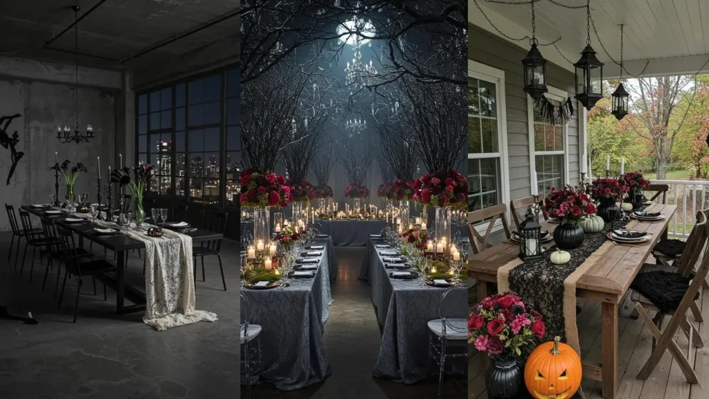 Elegant Halloween party tables with gothic candle holders, lace runners, and moody floral arrangements.