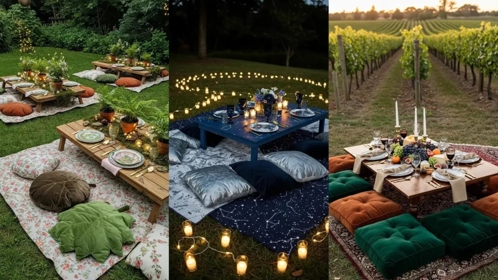 Elegant picnic setups with low tables, layered blankets, and plush cushions in a garden and vineyard.