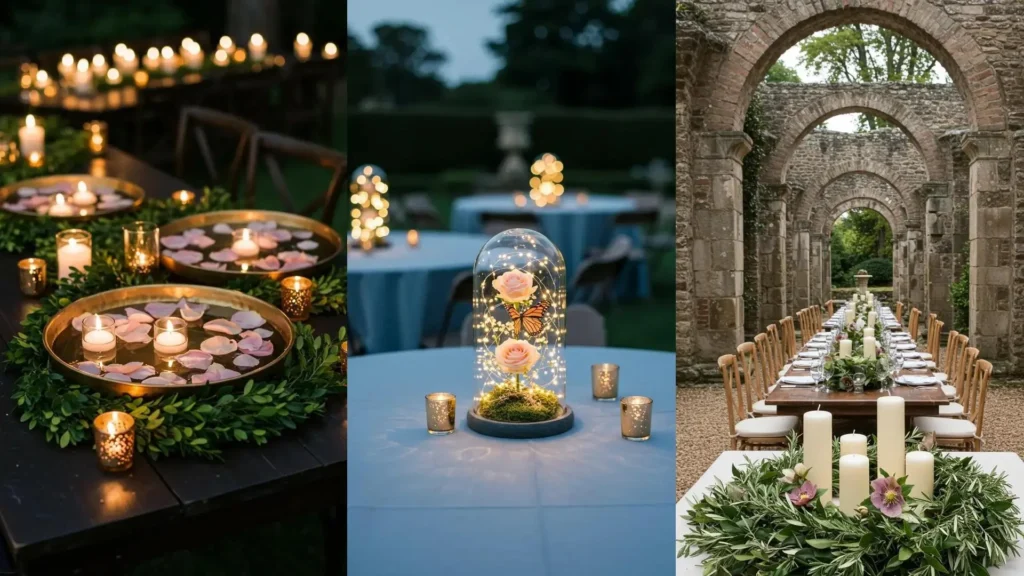 Enchanting garden wedding centerpieces featuring blush florals, romantic greenery, and glowing candles.