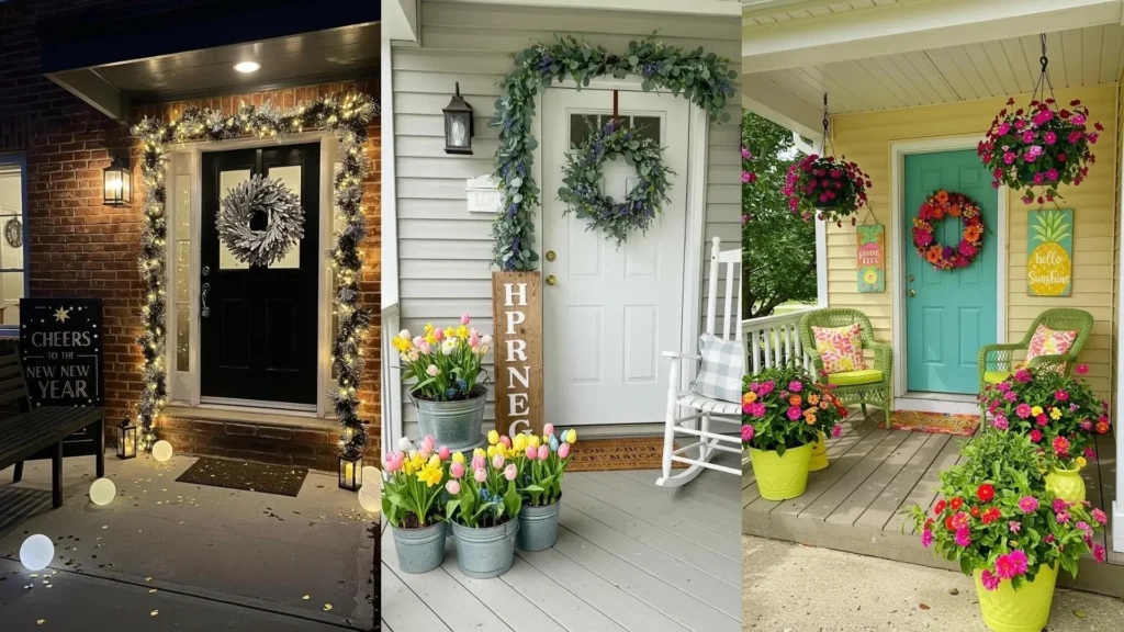 Vibrant front porch decor for New Year's, Spring, and Summer, featuring wreaths, garlands, and bold holiday signage.