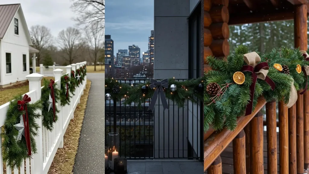 Festive railings decorated with pine garland, velvet ribbons, and outdoor baubles.