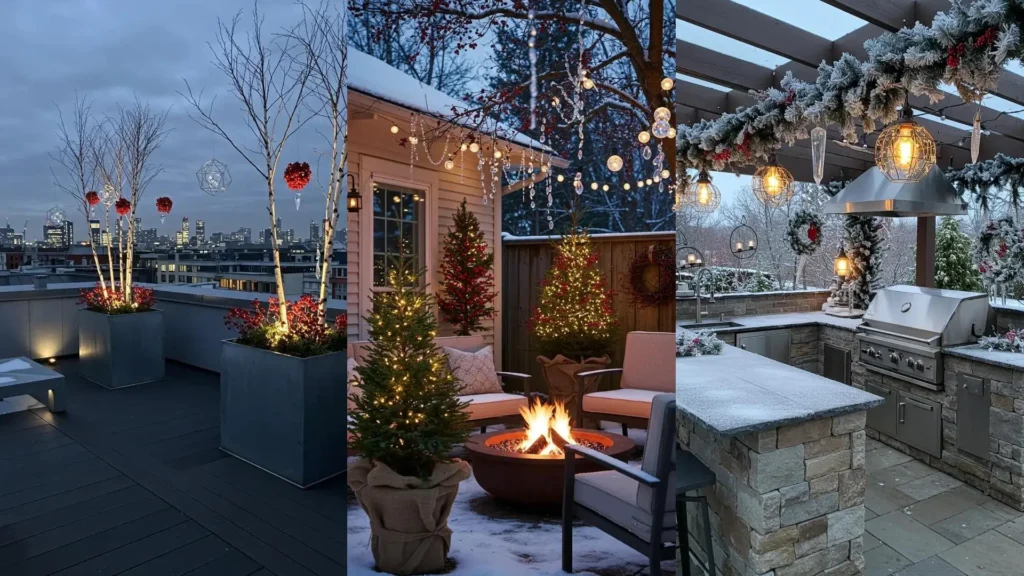 Frosted garden decor with crystal drops, berry wreaths, and icy lighting across three inviting outdoor spaces.