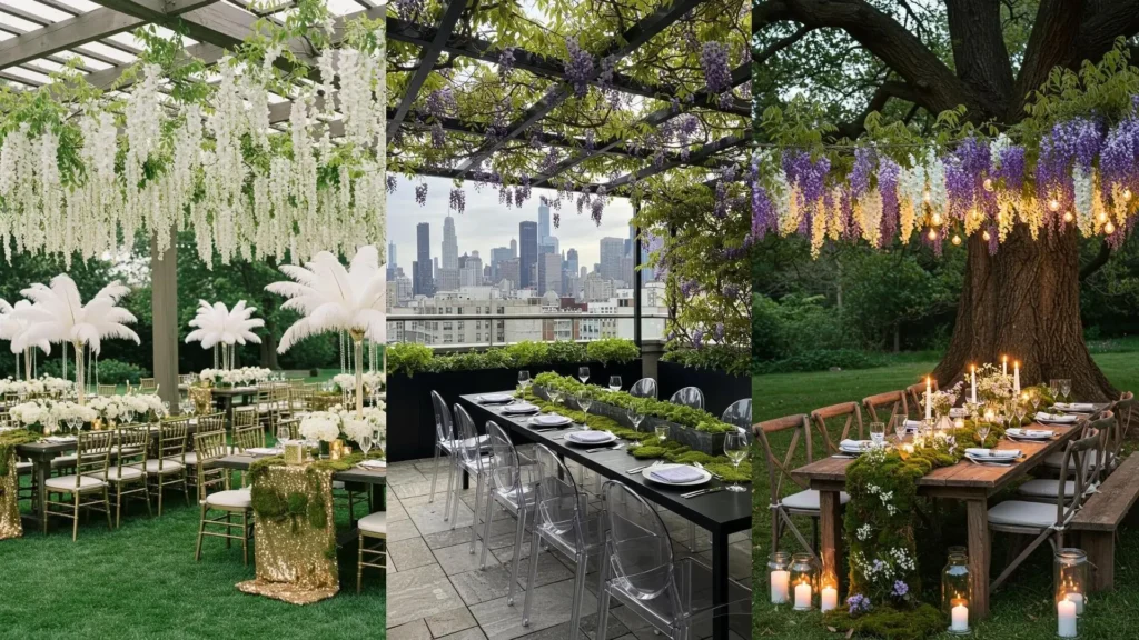 Vibrant garden spring party decor featuring hanging white & purple wisteria, lush moss table runners.