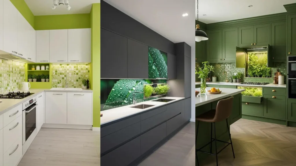 Various green-infused kitchens with prominent indoor herb walls and stunning botanical tile backsplashes.