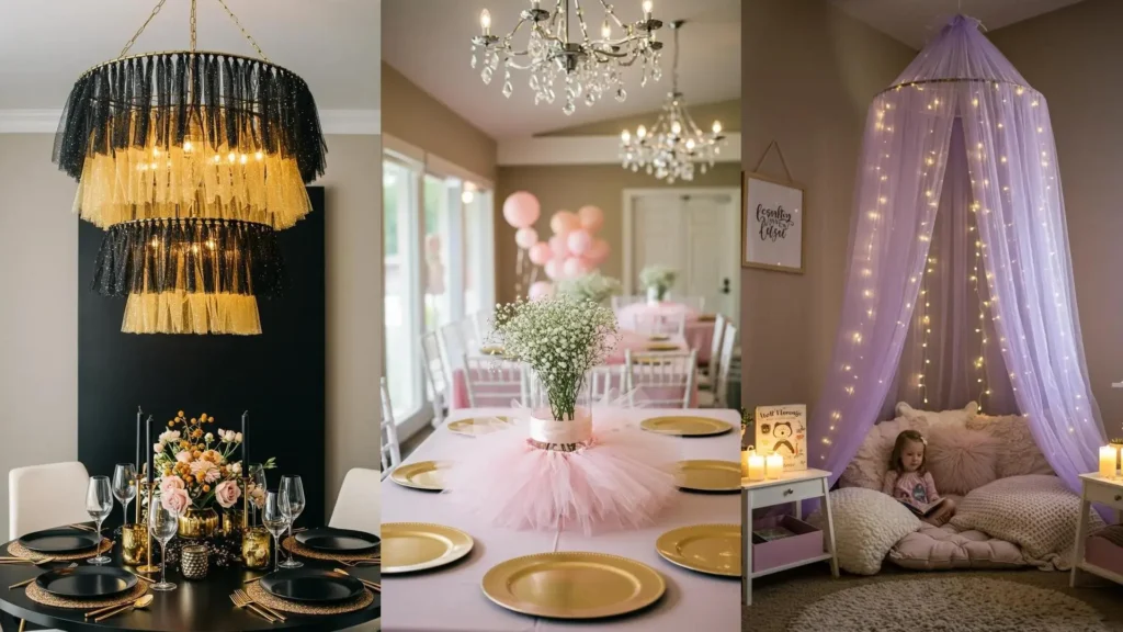 Dreamy handmade tulle party crafts: a black & gold chandelier, pink table tutu centerpiece, and a purple canopy.