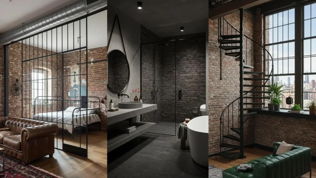 Modern industrial loft with exposed brick, black iron frames, a brown leather sofa, and sleek spiral staircase.