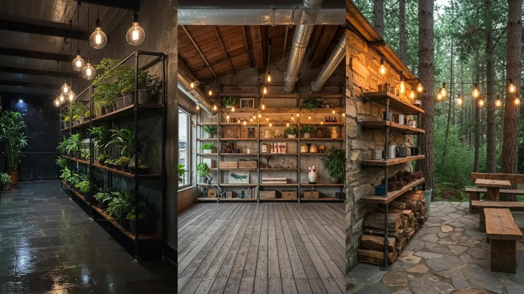 Diverse industrial pipe patio shelves adorned with plants, decor, and hanging bulb clusters.
