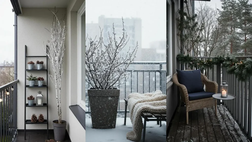 Three Nordic balconies decorated for winter with snowy branches, cozy blankets, pinecones, and minimalist charm.