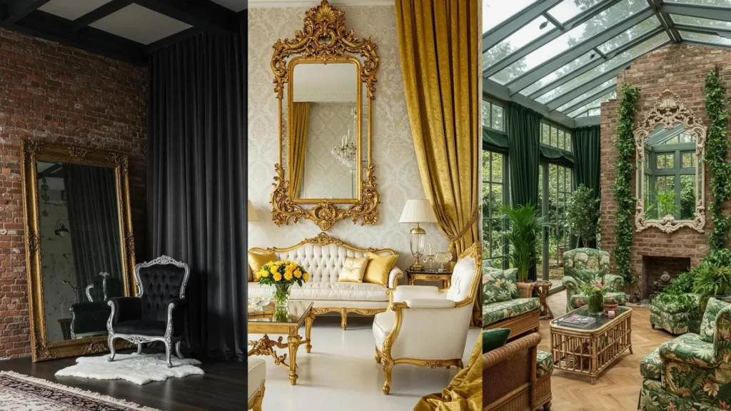 Opulent baroque living rooms featuring grand ornate mirrors and luxurious velvet drapes.