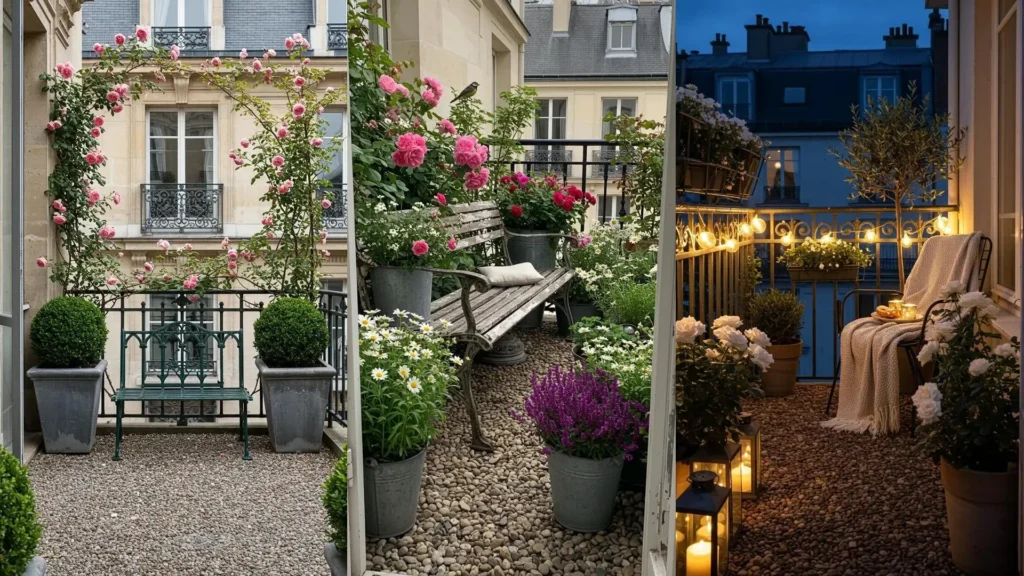 Parisian-inspired urban garden balconies featuring iron furniture, vibrant rose clusters, and cozy pebbled floors.