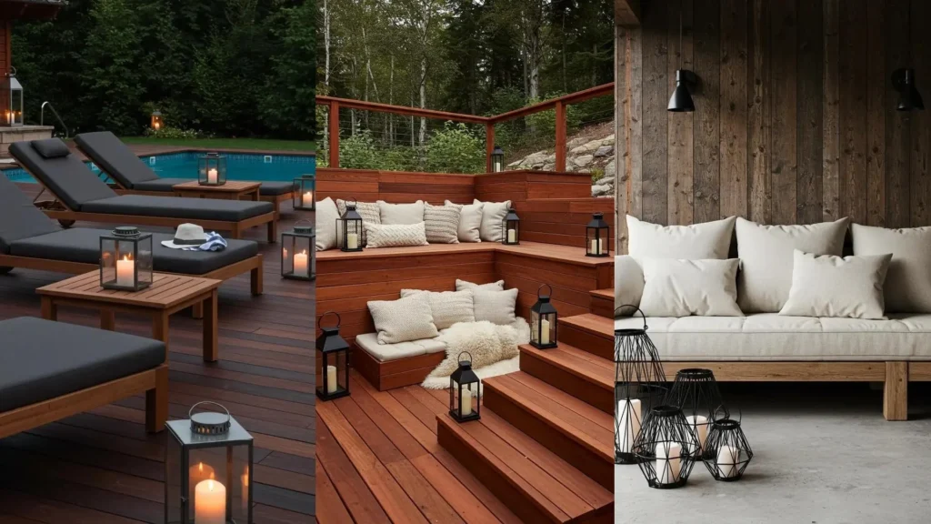 Rustic wood patios with cozy cushions and warm lantern light creating inviting outdoor arrangements.