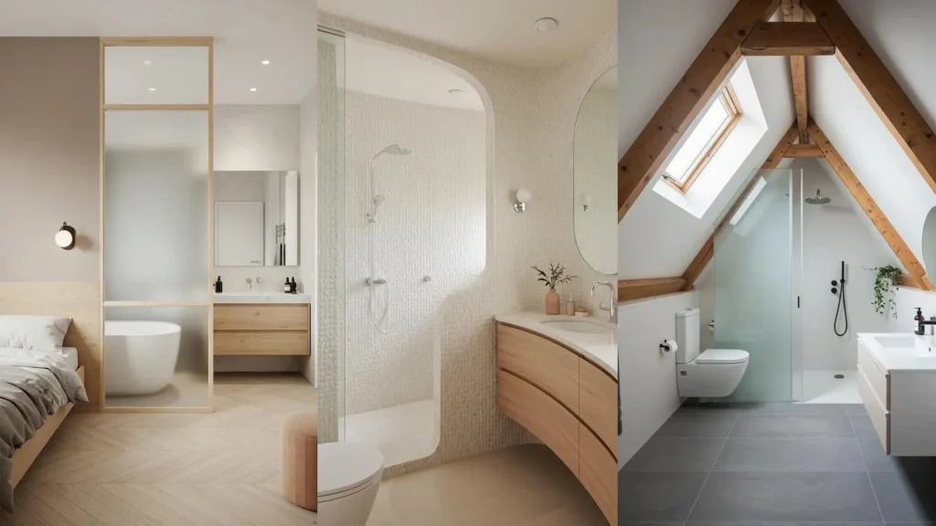 Three Scandinavian minimalist bathrooms featuring light wood accents, frosted glass partitions, and clean designs.