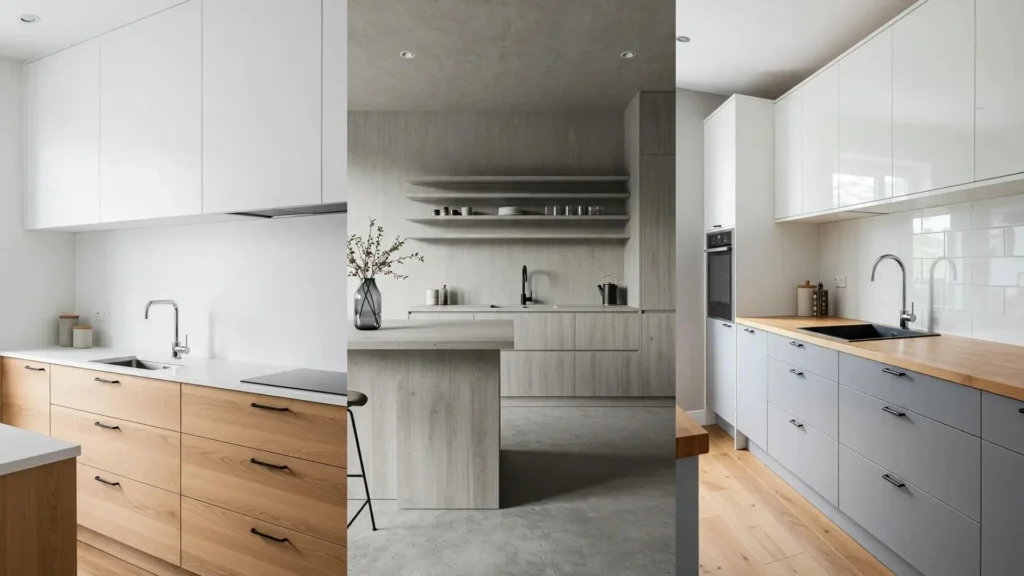 Showcase of Scandinavian minimalist kitchens featuring light wood, sleek white/grey cabinets, and matte black hardware.