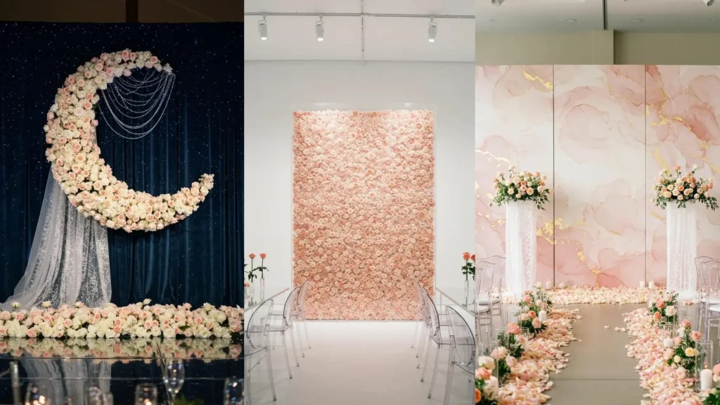 Variety of soft blush wedding backdrops, including walls of roses, lace details, and paths of delicate rose petals.