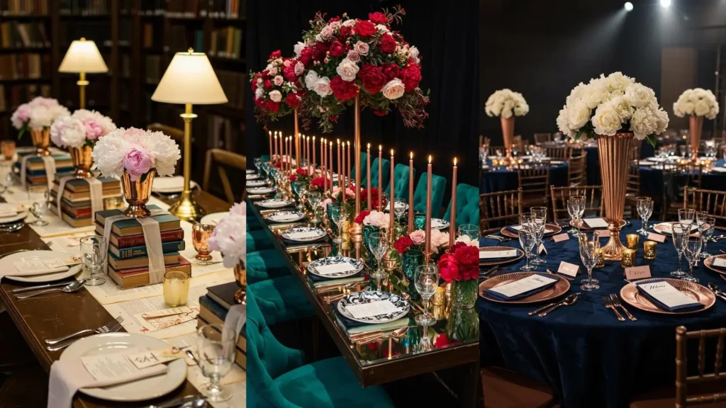 Elegant bridal shower tablescapes with rose gold details, white and pink peony arrangements, and sophisticated decor.