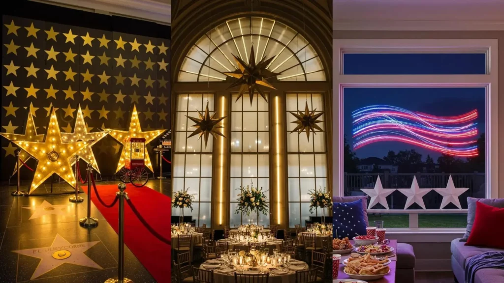 A collage of seasonal party window decor ideas, including hanging stars, illuminated stars, and colorful LED light displays.