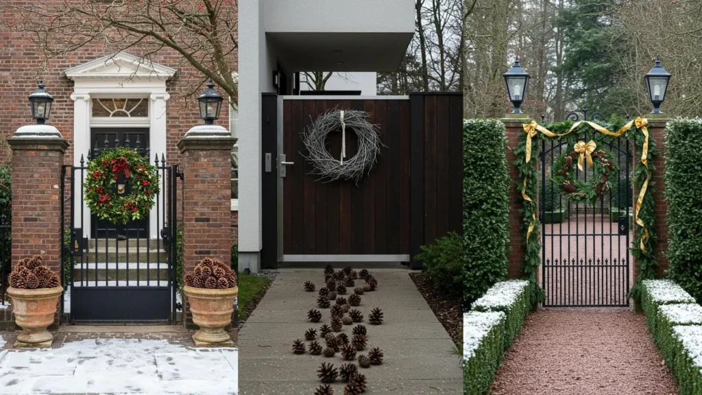 Winter garden gates with festive decor: ribbon-wrapped wreaths, pinecone trails, and lush greenery.