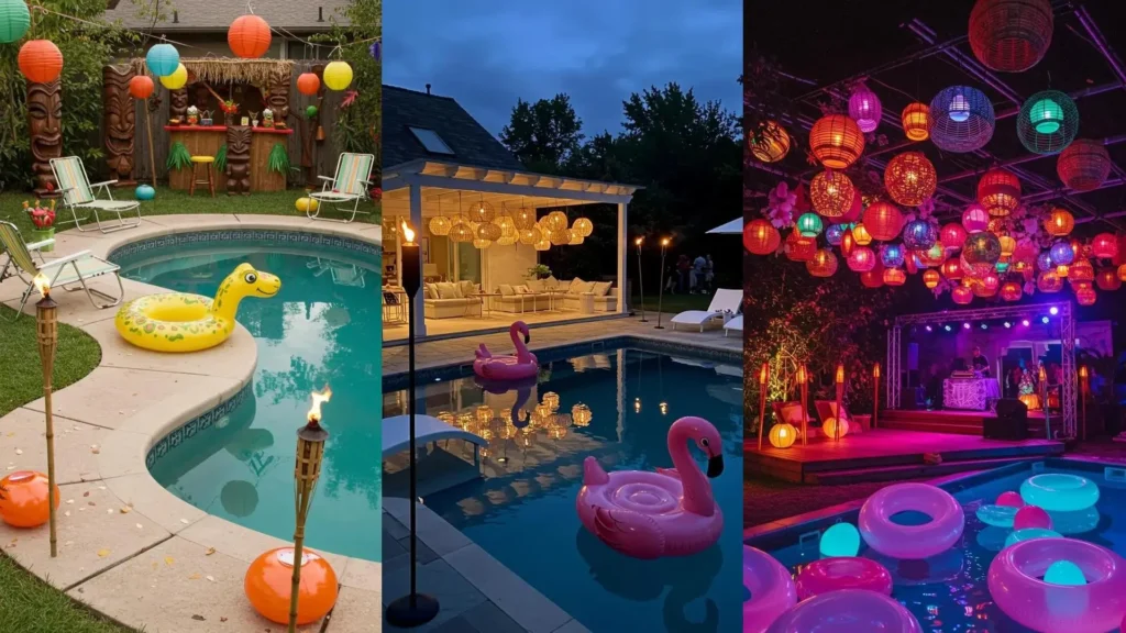 Lively backyard summer party scenes featuring rattan lanterns, tiki torches, and colorful pool floats for outdoor fun.