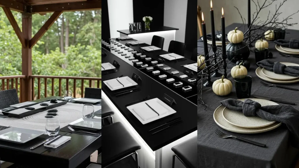 Three striking black and white table settings featuring modern lines, contrasting napkins, and bold decorative details.