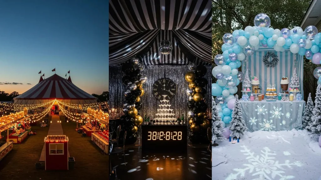 Carnival-themed seasonal decor with a red striped tent, bold balloons, and festive lighting for parties.