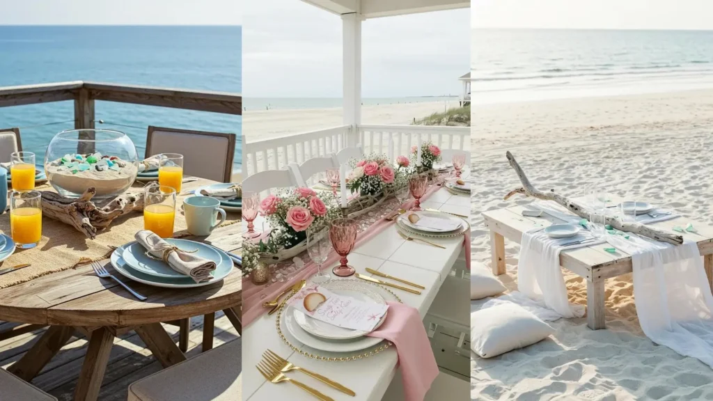 Coastal tablescapes showcase driftwood, sea glass, and ocean-inspired centerpieces for beach gatherings.