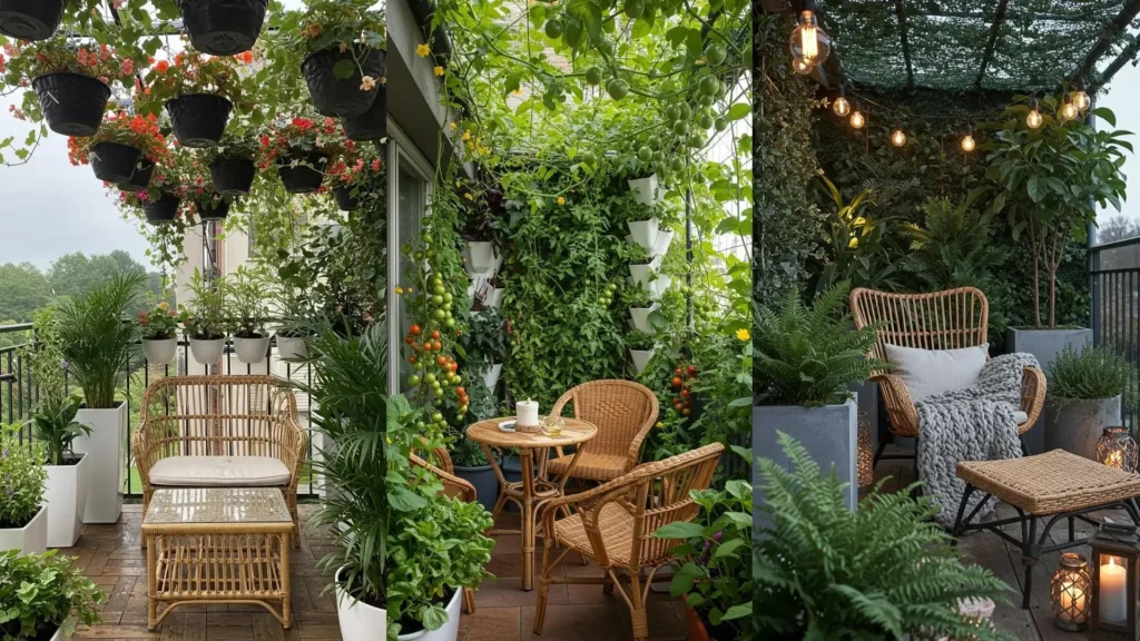 Lush balcony jungle with rattan furniture, tall planters, and a leafy green canopy, creating a compact urban oasis.