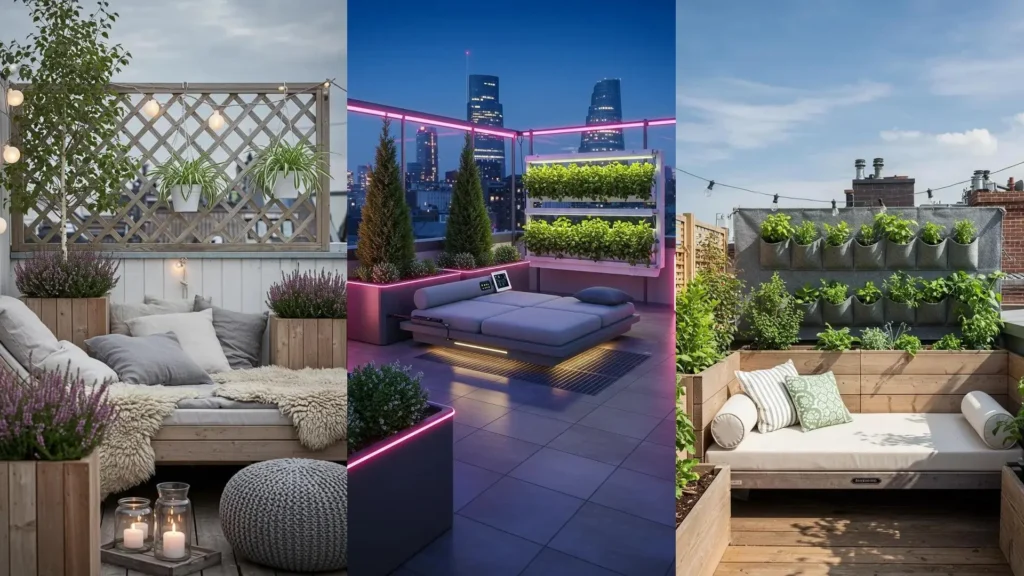 Three compact rooftop garden makeovers featuring lounge beds, ornamental shrubs, and hanging planters for urban spaces.