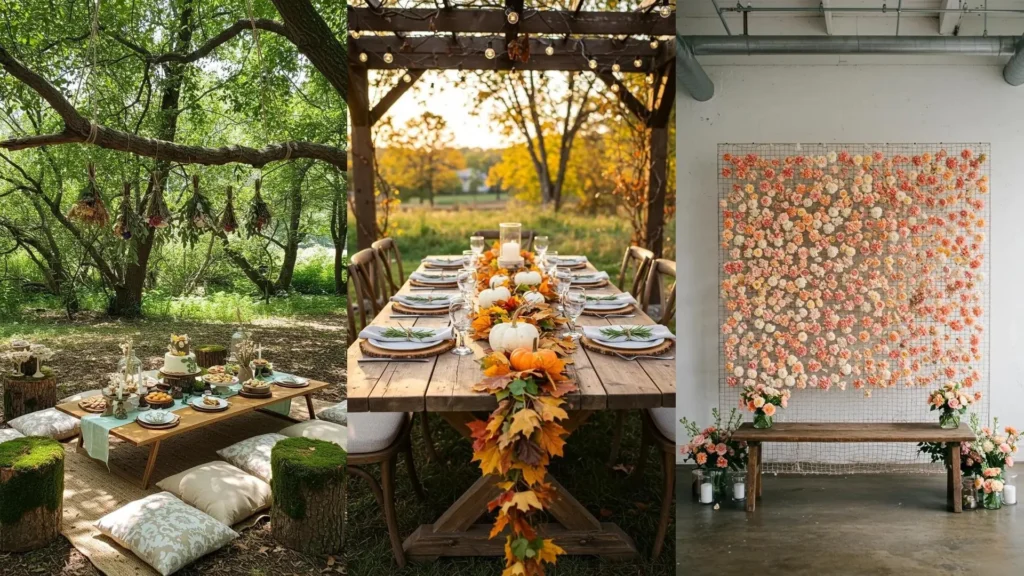 DIY nature-inspired party decor ideas showcasing wood elements, fall leaves, flowers, and outdoor and indoor party settings.