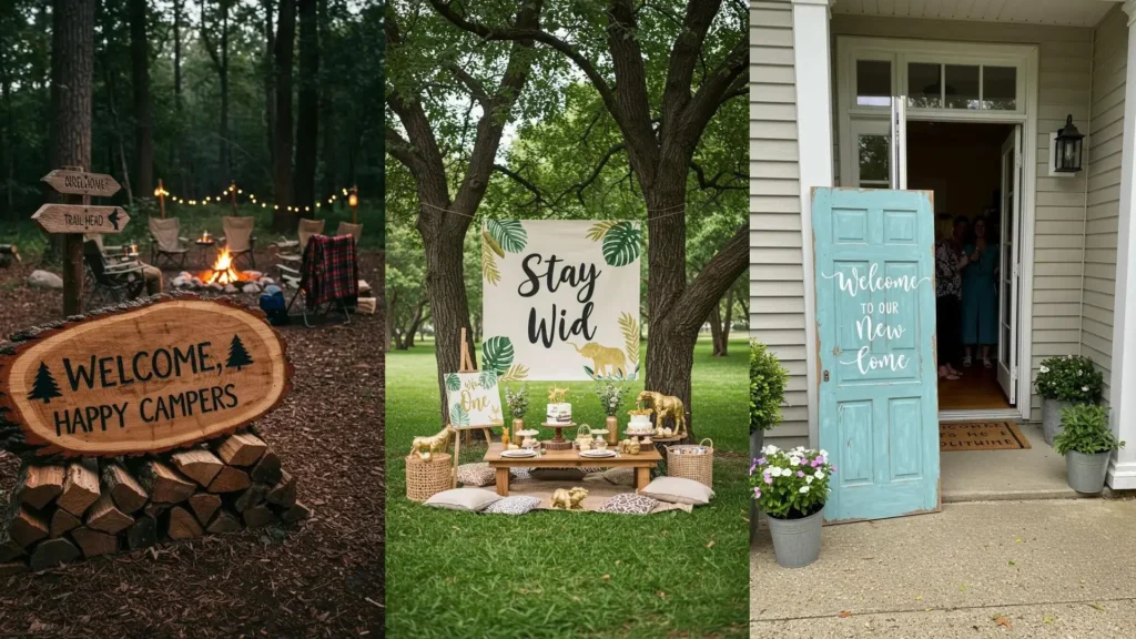 Various DIY painted party signs: rustic wood, 'Stay Wild' safari banner, and a 'Welcome Home' painted door.