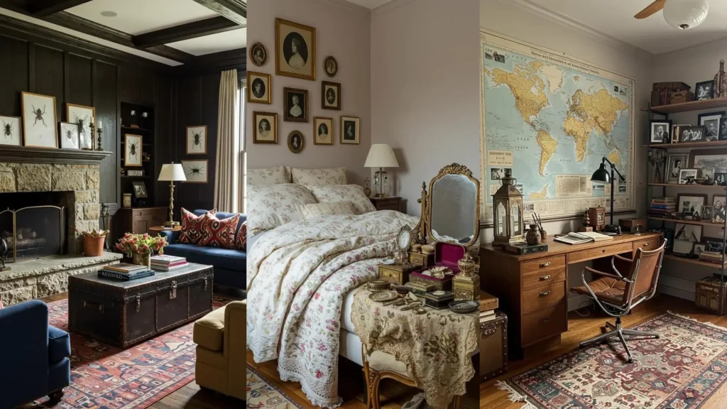 Eclectic interiors with mismatched patterns, antique finds, and artful clutter across living, sleeping, and study spaces.