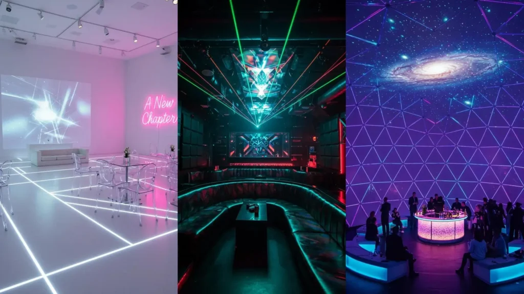 Vibrant futuristic party decor featuring neon lights, holographic projections, and geometric designs for New Year's Eve.