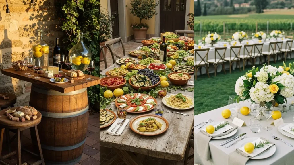 Italian-inspired alfresco table decor showcasing vineyard views, abundant food, wine, and fresh lemon accents.