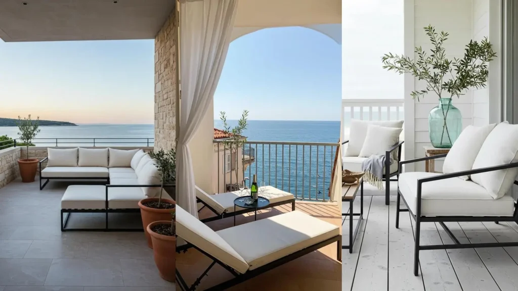 Monochrome Mediterranean balconies with black metal furniture, white cushions, and olive branch decor, offering sea views.