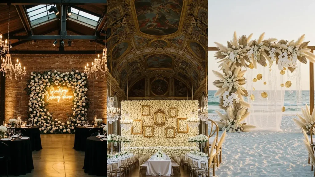 Opulent ivory flower wall installations with gold accents for wedding decorations, shown in elegant venues.