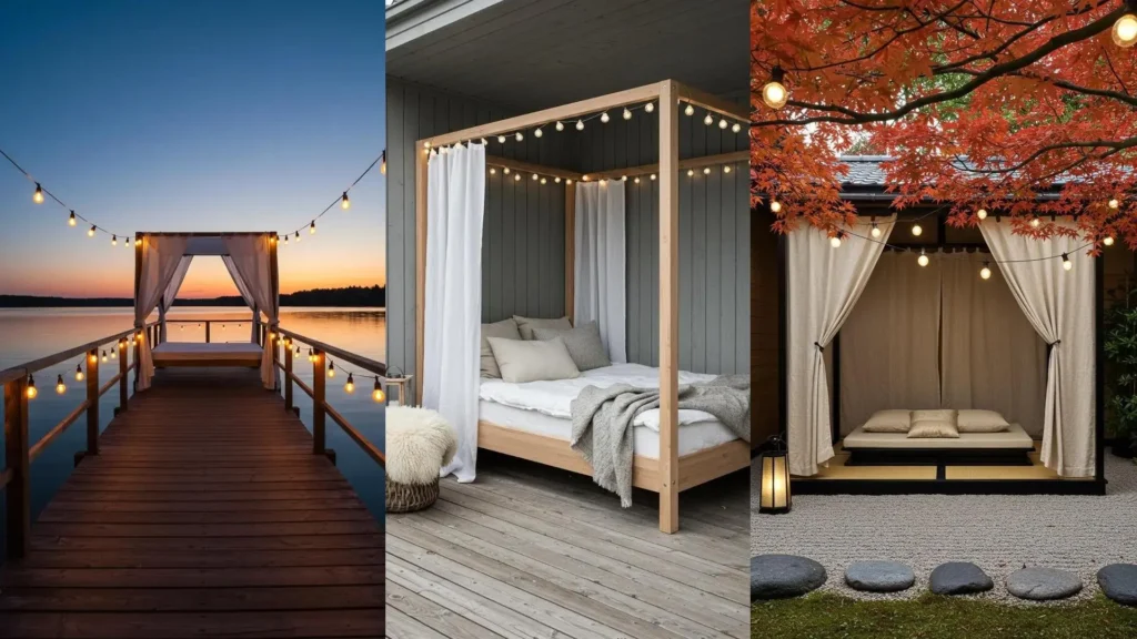 Romantic outdoor canopy beds on a patio and pier, decorated with sheer curtains and warm globe lights.
