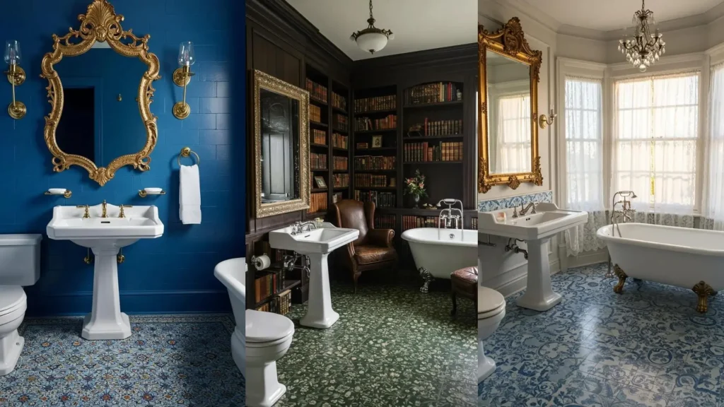 Three romantic Victorian bathrooms with ornate mirrors, pedestal sinks, and beautiful floral patterned tiles.