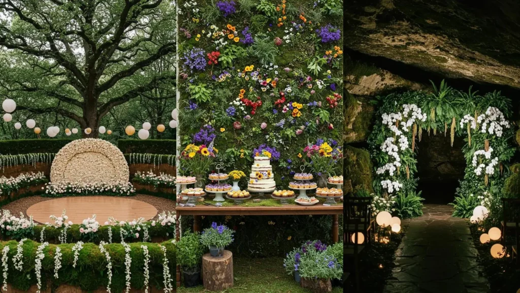 Enchanted forest wedding decorations showcasing flower walls, moss details, and magical ceremony setups.